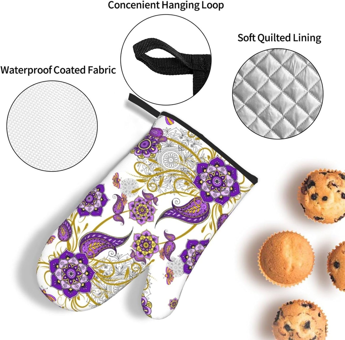 Purple Flower Oven Mitts and Pot Holders Sets of 3 Kitchen Decor Heat Resistant Hot Pads Boho Floral Oven Gloves for Cooking Grilling Baking
