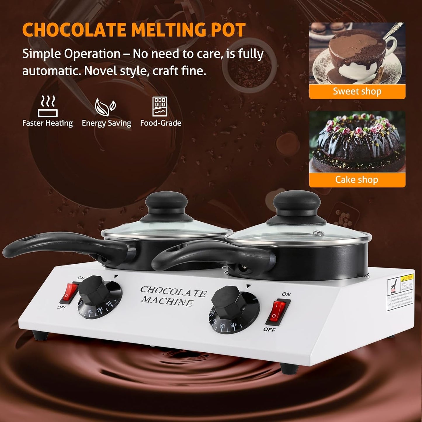 WICHEMI Chocolate Melting Pot Chocolate Warmer Chocolate Melter Chocolate Tempering Machine Pot for Home, Commercial Electric Melting for Chocolate, Butter, Cheese, Cream, Candy, Milk (Double Pots)