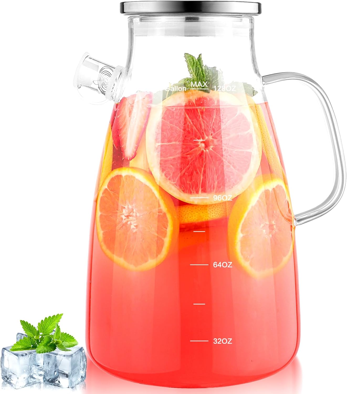 1 Gallon 128oz Glass Pitcher,Water Pitcher with Full Seal Lid and Spout, Glass Carafe for Hot/Cold Drink, Water Jug for Iced Tea, Coffee, Juice, Milk, Beverage