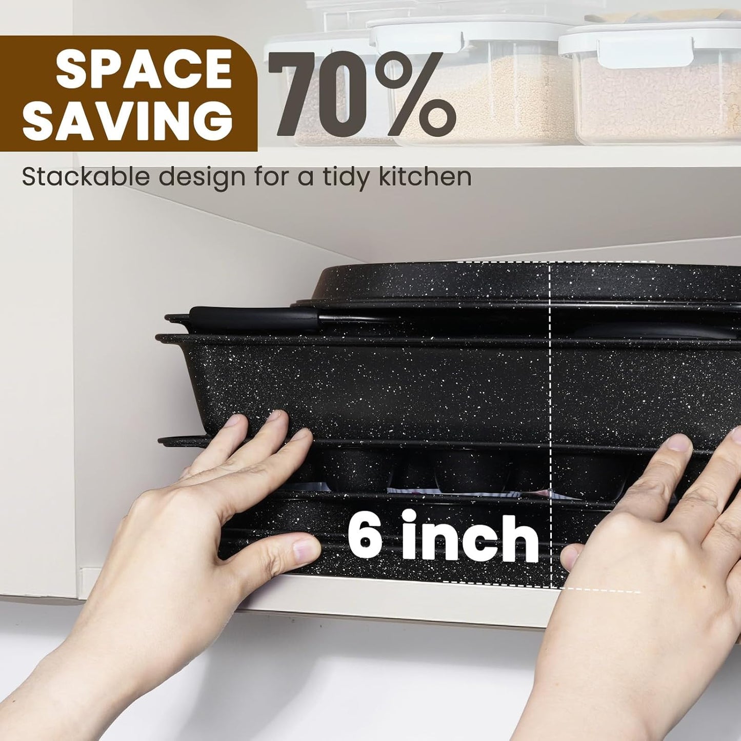 Kikcoin 22 PCS Nonstick Baking Pans Set, Stackable Bakeware Sets with Silicone Handles, 450°F Oven Safe Baking Sheet set, Easy Release Cookie Sheets for Baking, Black