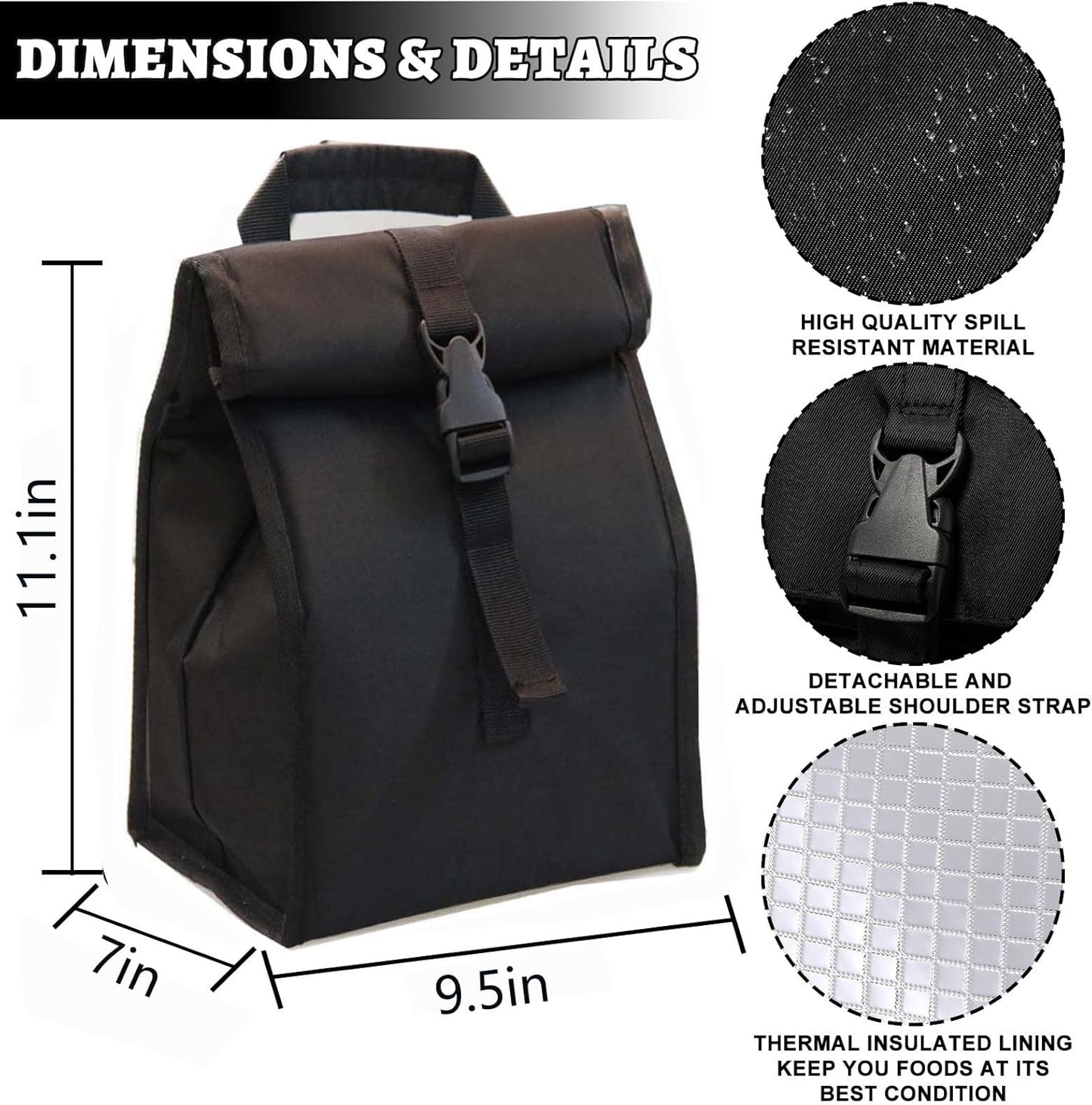 Insulated Foldable Lunch Bag With Ajustable Strap- Lightweight Portable Lunch Box for Men, Women, Office, Work, Picnic, Hiking and Beach (Black(Hard Fabric))