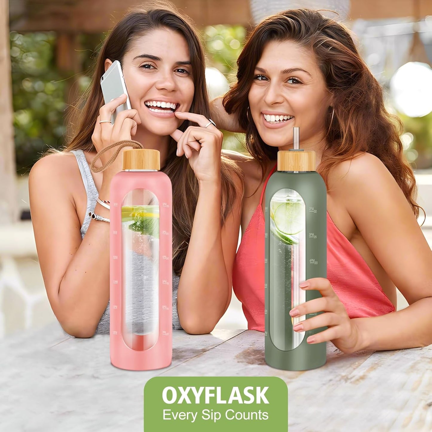 Glass Water Bottles 32 oz - Motivational Drinking Glass Water Bottle with Silicone Sleeve, Straw & 2 Bamboo Lids - 1 Liter Clear Borosilicate Daily Intake Tumbler with Time Marker - Olive