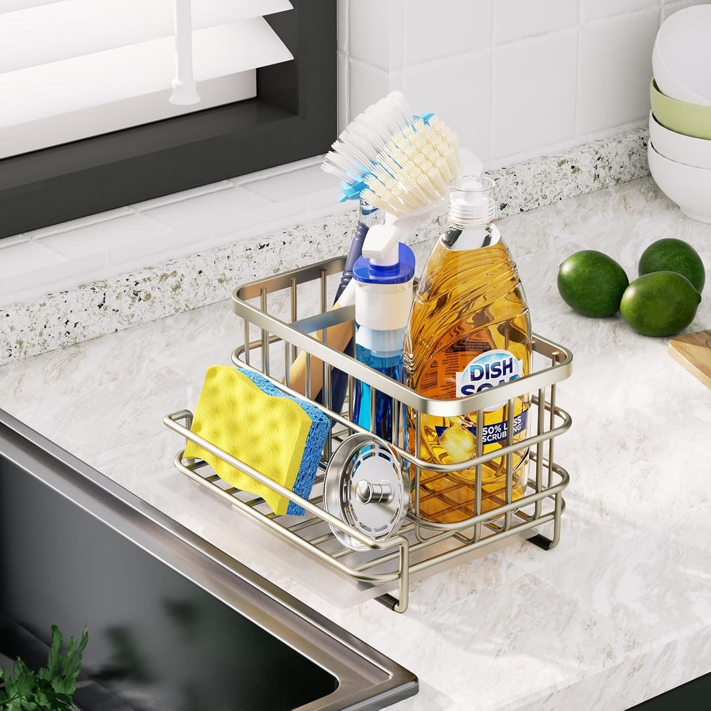 HapiRm Kitchen Sink Caddy Organizer - Versatile Sponge Holder with Drain Tray, SUS304 Stainless Steel Rustproof Kitchen Sink Organizer Storage for Countertop- Brushed Nickel