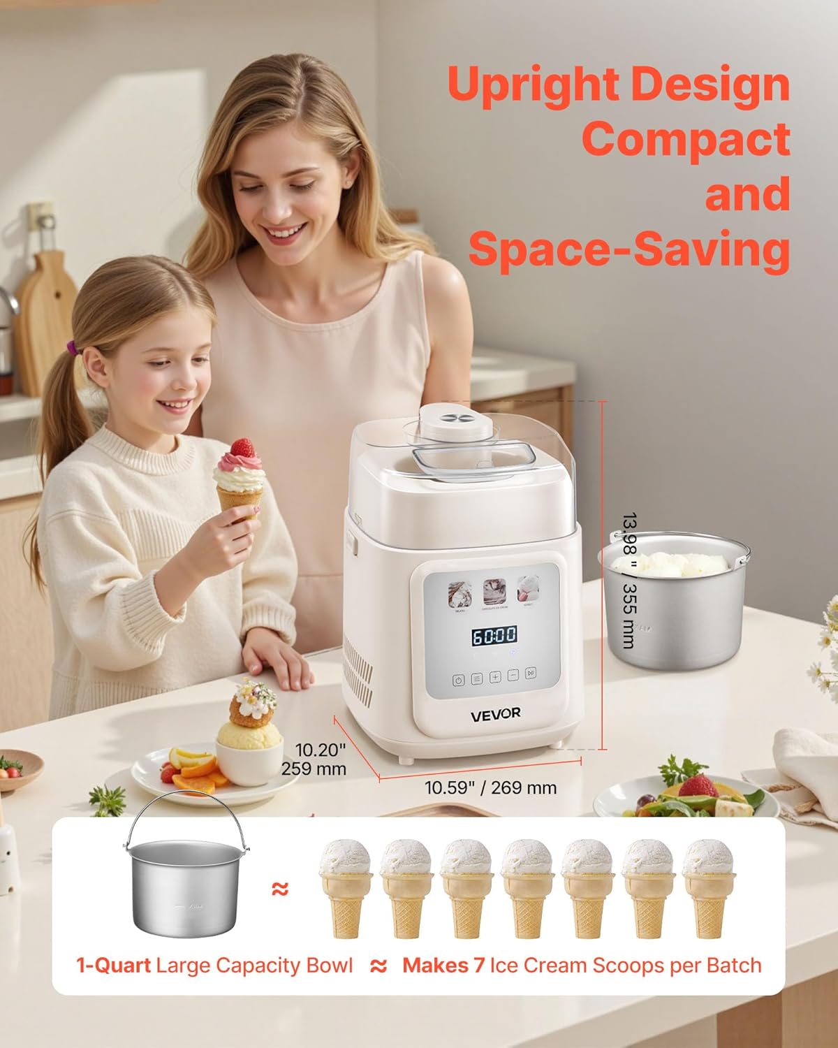 VEVOR Upright Automatic Ice Cream Maker with Built-in Compressor, 1 Quart No Pre-freezing Gelato Maker & Frozen Yogurt Machine, 4 Modes Electric Sorbet-Maker, Compressor Ice Cream Machine for Home
