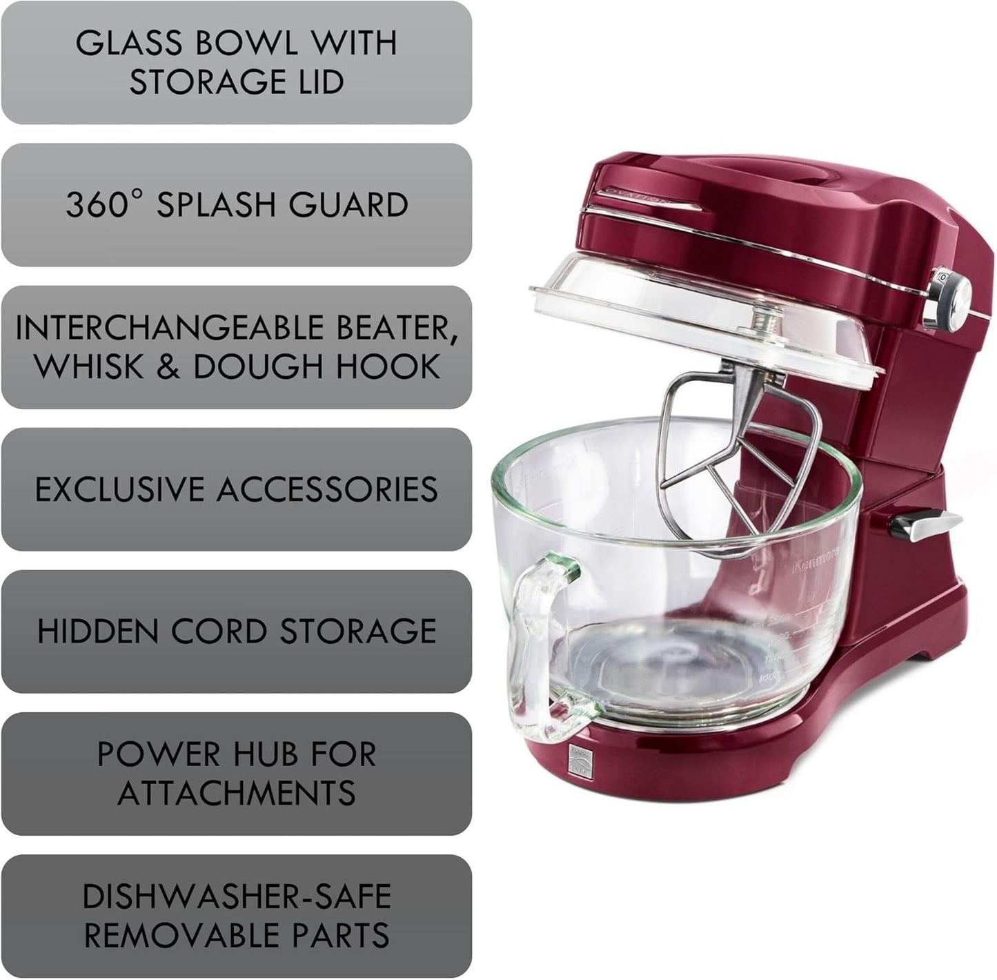 Kenmore 500W Oviation Stand Mixer - 10 Speed Mixing, Tilt-Head, Handheld Glass Bowl With Pouring Top Splash Guard, Flat Beater, Whisk, Dough Hook Attachments Countertop Kitchen Appliance, 5QT Red
