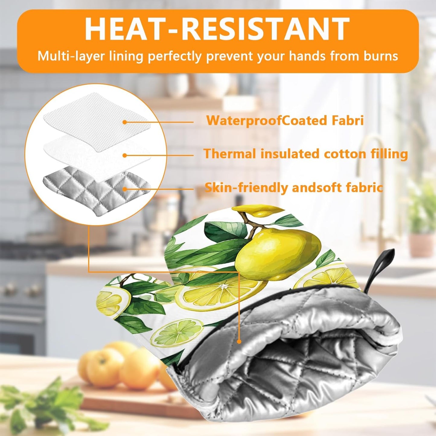 Lemon Oven Mitts and Pot Holders Sets 4Pcs,Extra Long Oven Gloves Potholder for Kitchen Cooking Baking BBQ 100% Cotton Heat Resistant