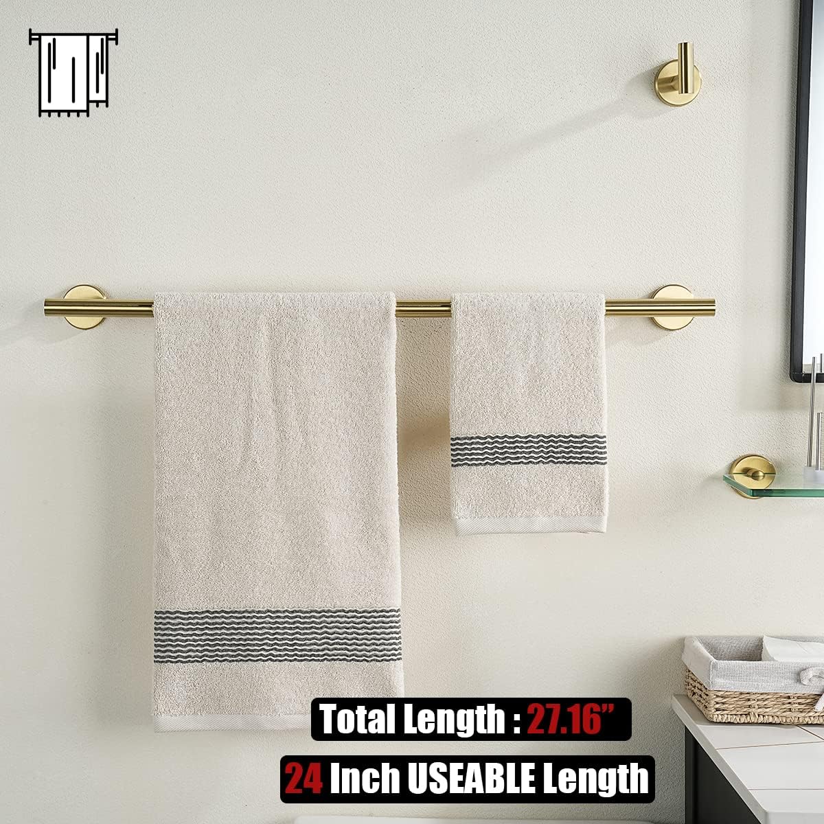 JQK Bath Towel Bar, 27 Inch Brushed Light Gold Towel Rack Bathroom, 304 Stainless Steel Thicken 0.8mm Towel Holder Wall Mount, Useable Length 24 Inch 2 Pack, TB110L24-BG-P2