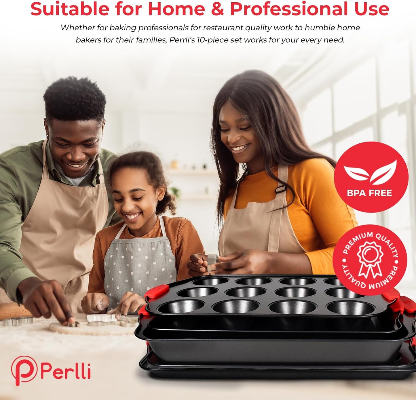 PERLLI Non-Stick 10-Piece Baking Pan Set, BPA-Free Carbon Steel Bakeware Set with Silicone Handles, Stackable Kitchen Oven Set, Cookie Sheet, Baking Tray, Baking Sheet Set, Oven Safe (446°F)