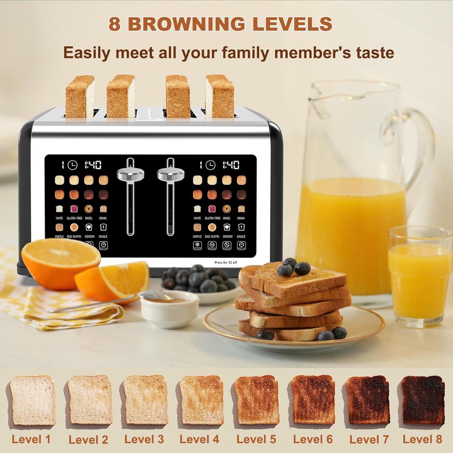 4 Slice Toaster Touch Screen, Stainless Steel Toasters Digital Timer, Dual Control Panel Toasters, 8 Shade Settings 6 Bread Types for Bagel, Cancel, Defrost 1650W Black
