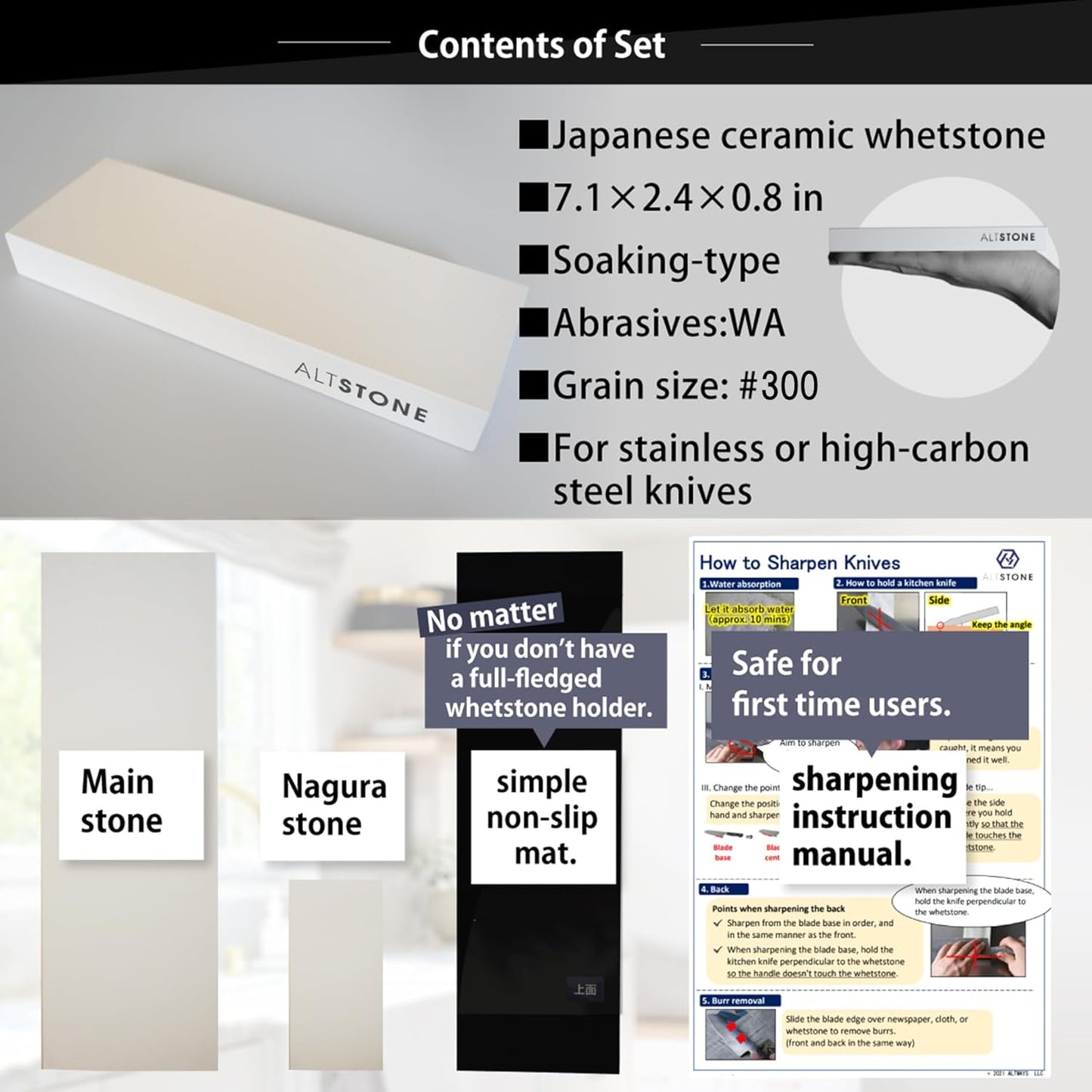 FUKAMI Whetstone Sharpening stone Coarse grit 300 w/Nagura, 7.1" x 2.4" x 0.8" (Pro Power. Perfectly Compact for home use), Made in Japan (#300)