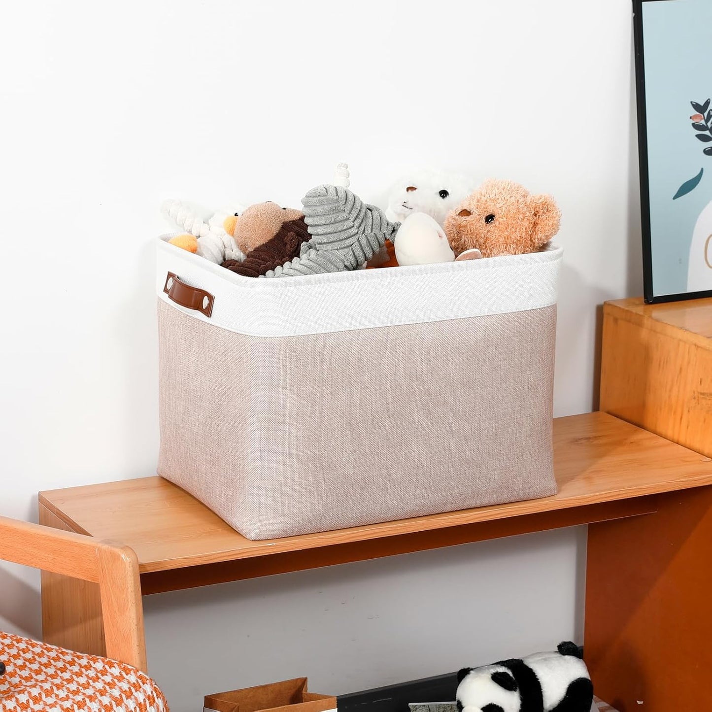 DULLEMELO Fabric Storage Bins, Lining Fabric Baskets For Gifts, Large Storage Baskets for Toys Books Clothes Storage, Foldable Storage Basket for Office Home Shelves Closets Organizing(White&Khaki)