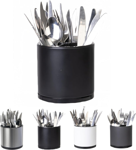 Kitchen Utensil Holder Silverware Organizer 360°Rotating For Counter Organizer Stainless Steel Storage Silverware Caddy 3 Compartment Flatware Spoon Spatula Tool Cutlery Container（Black）