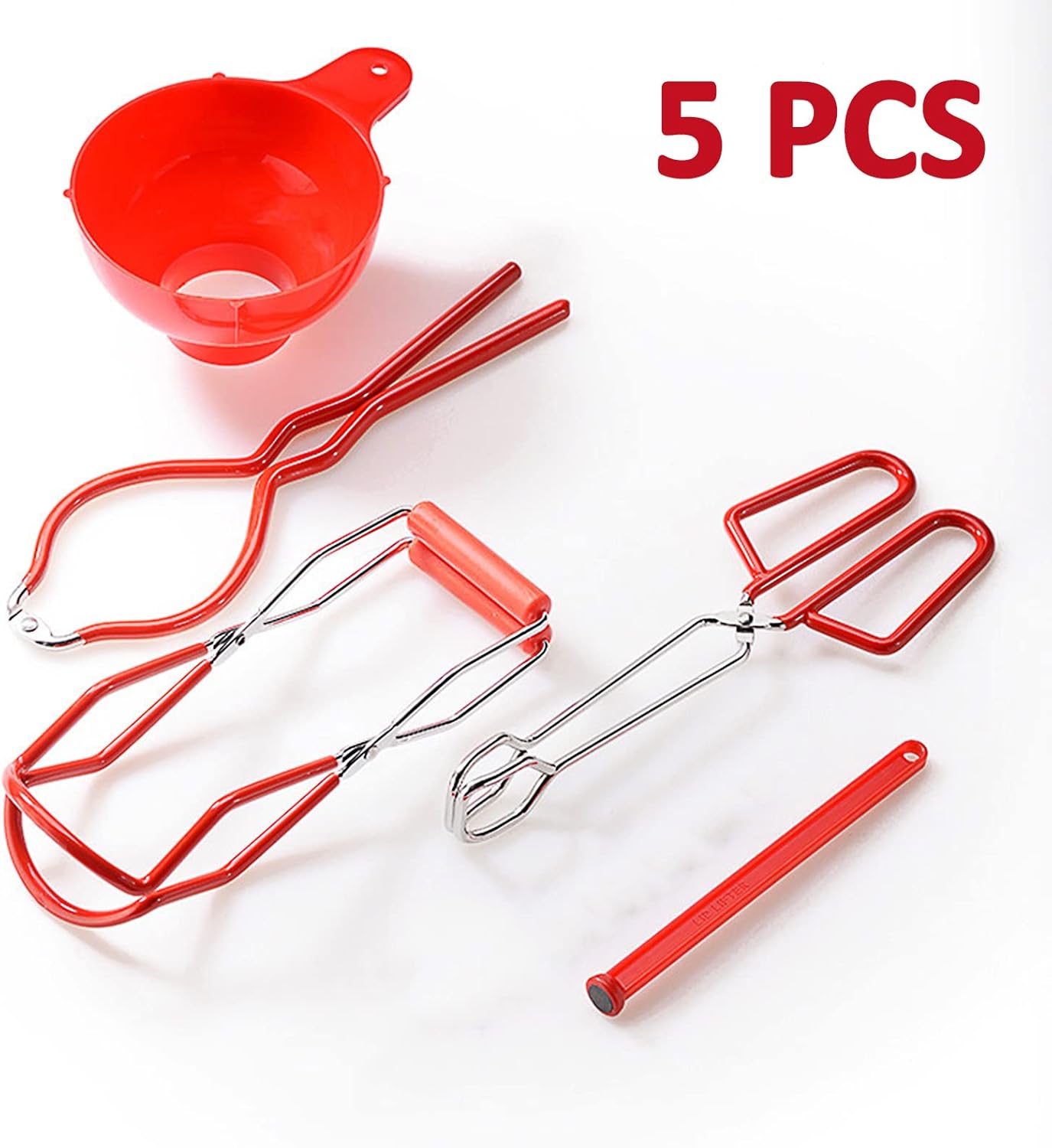 5PCS Canning Supplies Canning Kit, Canning Essentials Set Include Tongs, Wide Mouth Funnel, Jar Lifter, Jar Wrench, Magnetic Lid Lifter, Stainless Steel Anti-Scald Clip Suit (Red)