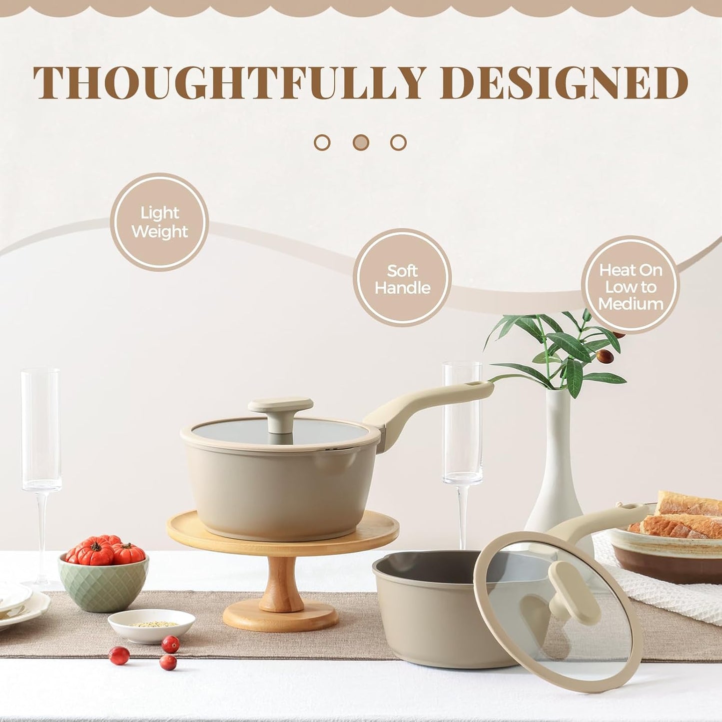 Nonstick Saucepan with Lid, 2 Quart Sauce Pan, Healthy Sauce Pot with Pour Spouts for Multipurpose Use, PTFE, PFOA Free, Induction Compatible, Apricot