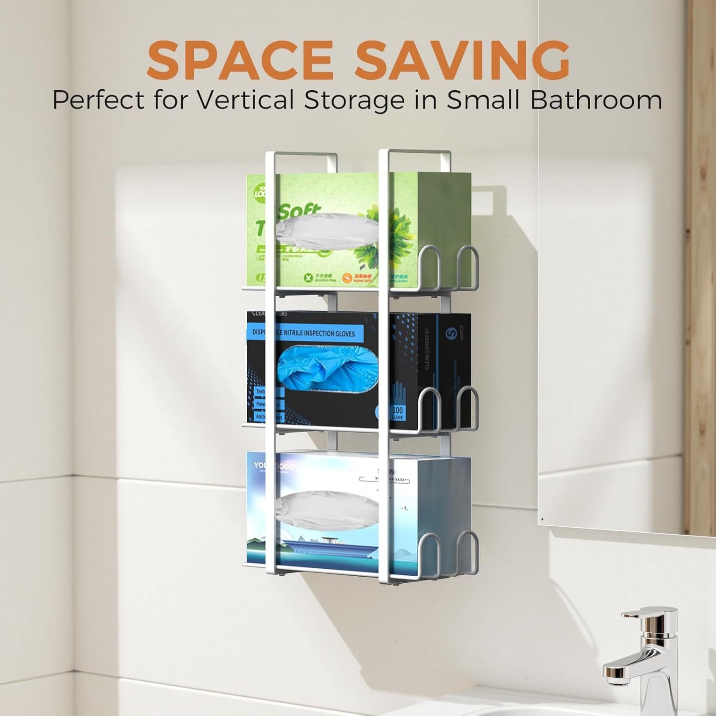 Glove Holder Dispenser for Wall Mount, White Metal Disposable Latex Gloves Holder for Lab, Wall-Mounted Rubber Box Holder, Tissue Rack for Kitchen and Garage