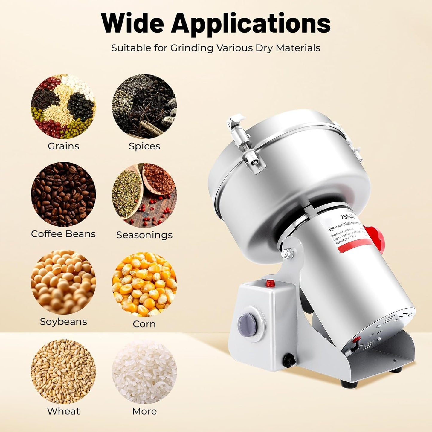 Electric Grain Mill Grinder, 2500g/5.51lb High-speed 32000r/min Food Grinder, 110V 4500W Countertop Grain Mill for Dry Spice Herbs Grains Coffee Rice Pepper (2500g)
