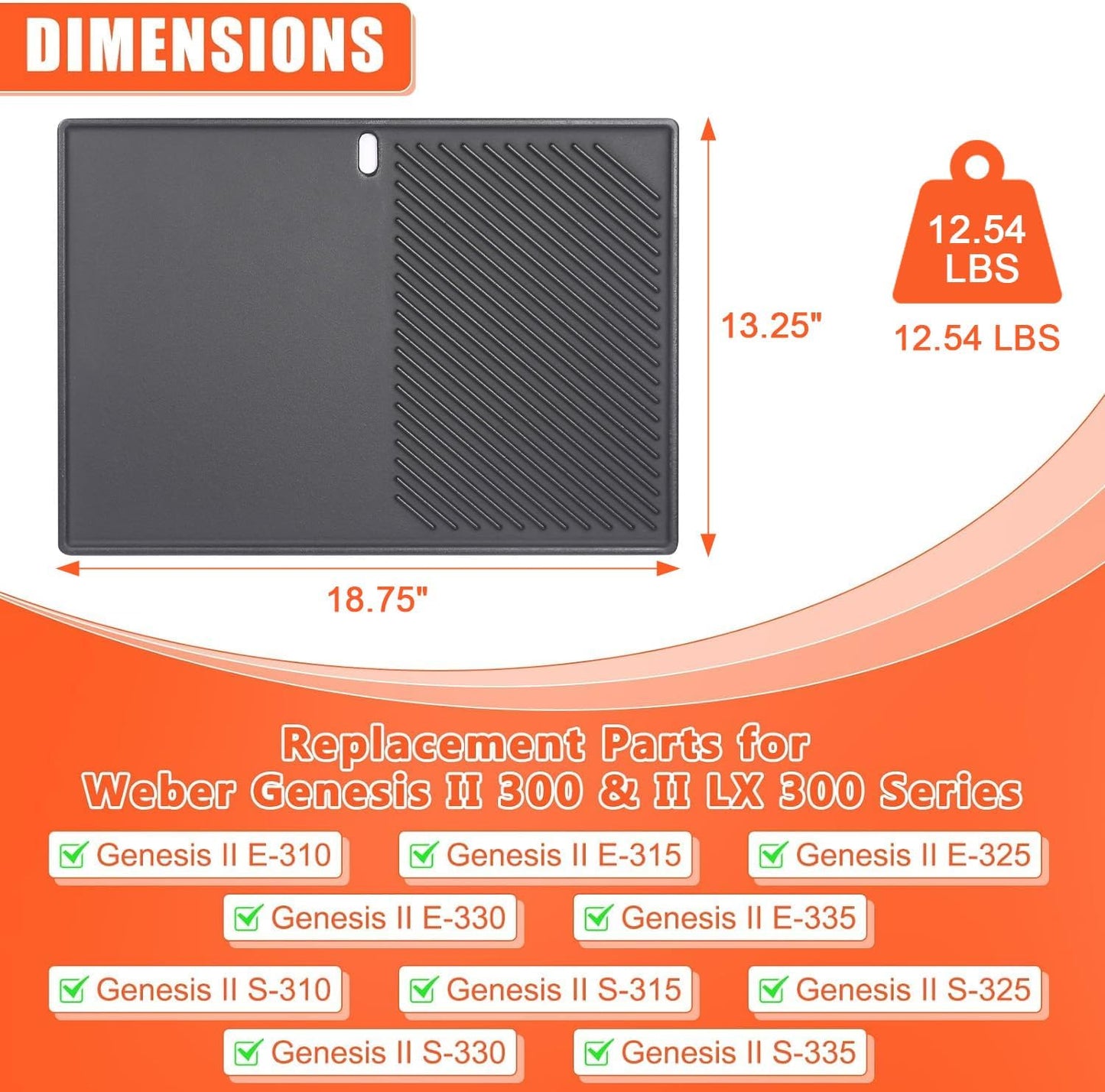 for Weber Genesis II Grill Parts - Genesis 2 Griddle for Genesis II 300 & LX 300 Series, GS4 Genesis II E-310, II S-310, II E/S-315, II E/S-325, II E/S-335 Grills, Replace for 7599 Cast Iron Griddle