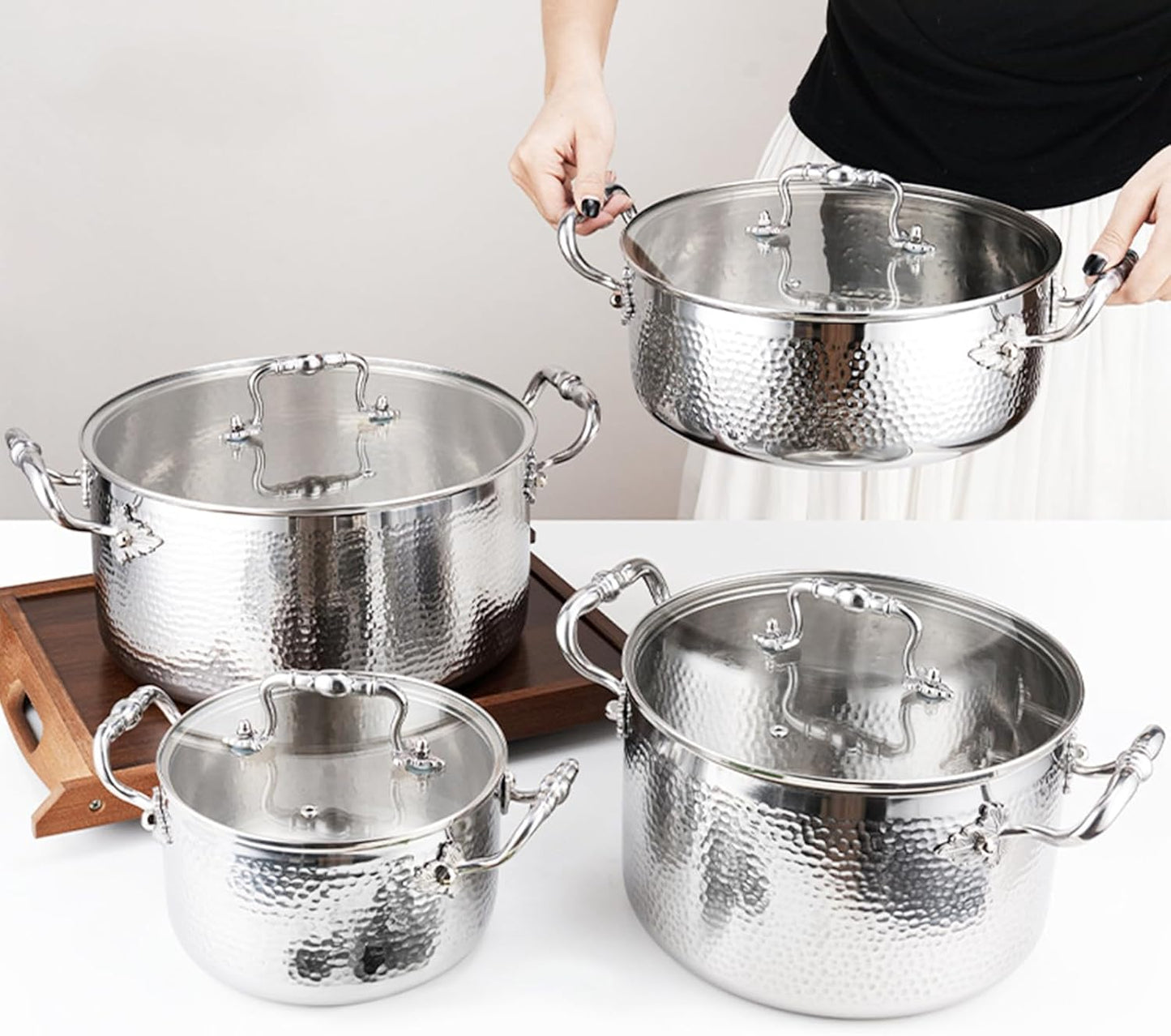 Stainless Steel Stock Pot with Visible Lid for Pasta, Soup, Spaghetti, Nonstick Thick Bottom Stockpot, Induction Pasta Pot Compatible with All Cooktops, Dishwasher Safe,4SETS