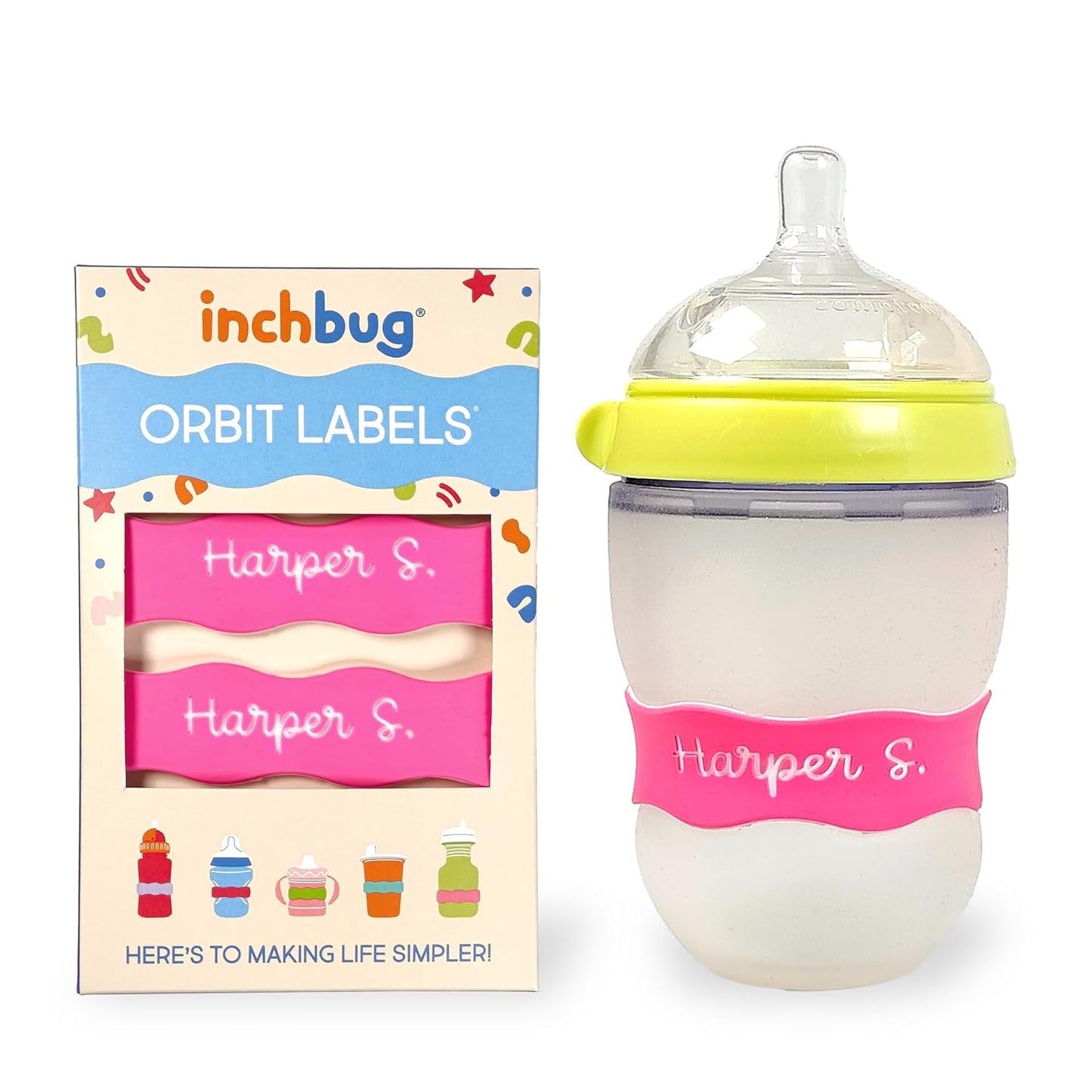 InchBug Orbit Labels - Baby Bottle Name Labels for Daycare, Sippy Cup Bands - Engraved Silicone, Reusable, Dishwasher Safe, White Contrasting Personalization, 4-Pack (Flamingo Pink)