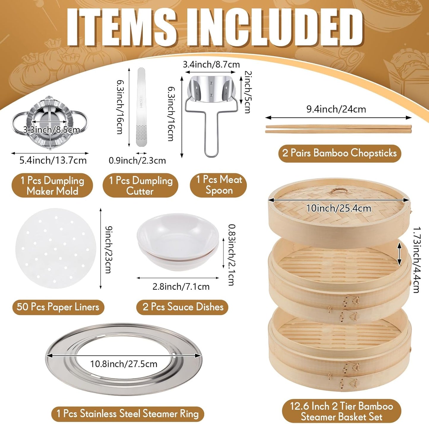 Tessco for you 59 Pcs 2 Tier 10 Inch Bamboo Steamer Basket Set Including Bamboo Steamer Stainless Steel Ring Dumpling Maker Mold and Cutter Spoon 2 Pair Chopsticks 2 Sauce Dish 50 Paper Liners