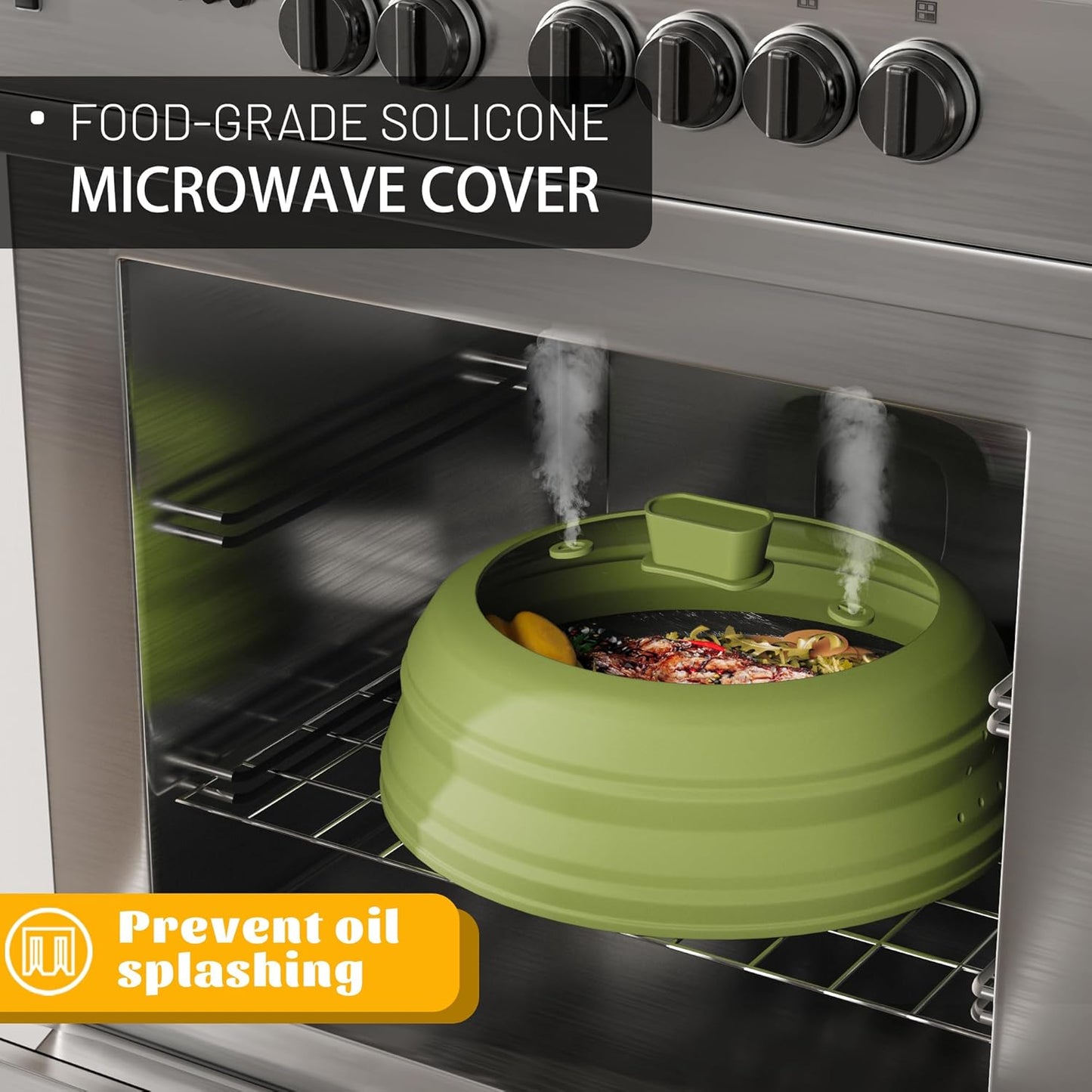 Microwave Splatter Cover, Vented Silicone and Glass Cover Splatter Guard Lid, Food Collapsible Plate Cover Lid with Easy Grip Handle. (Green, 9 inch)