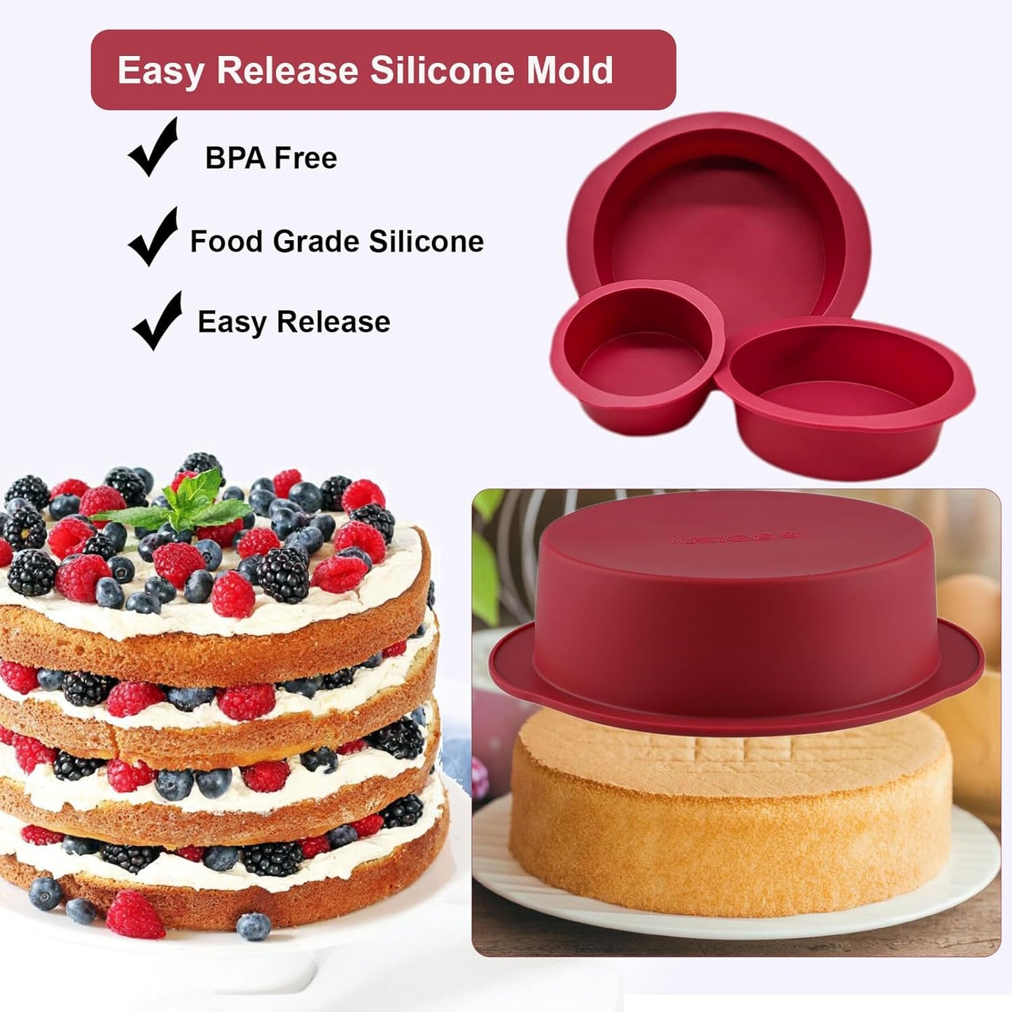 Nalchios 3-Piece Wine Red Silicone Round Cake Pans Set for Baking, Non-stick Flexible Silicone Baking Mold Pans for Layer Cake, Cheese Cake, Chocolate Cake 4+6+8 Inch