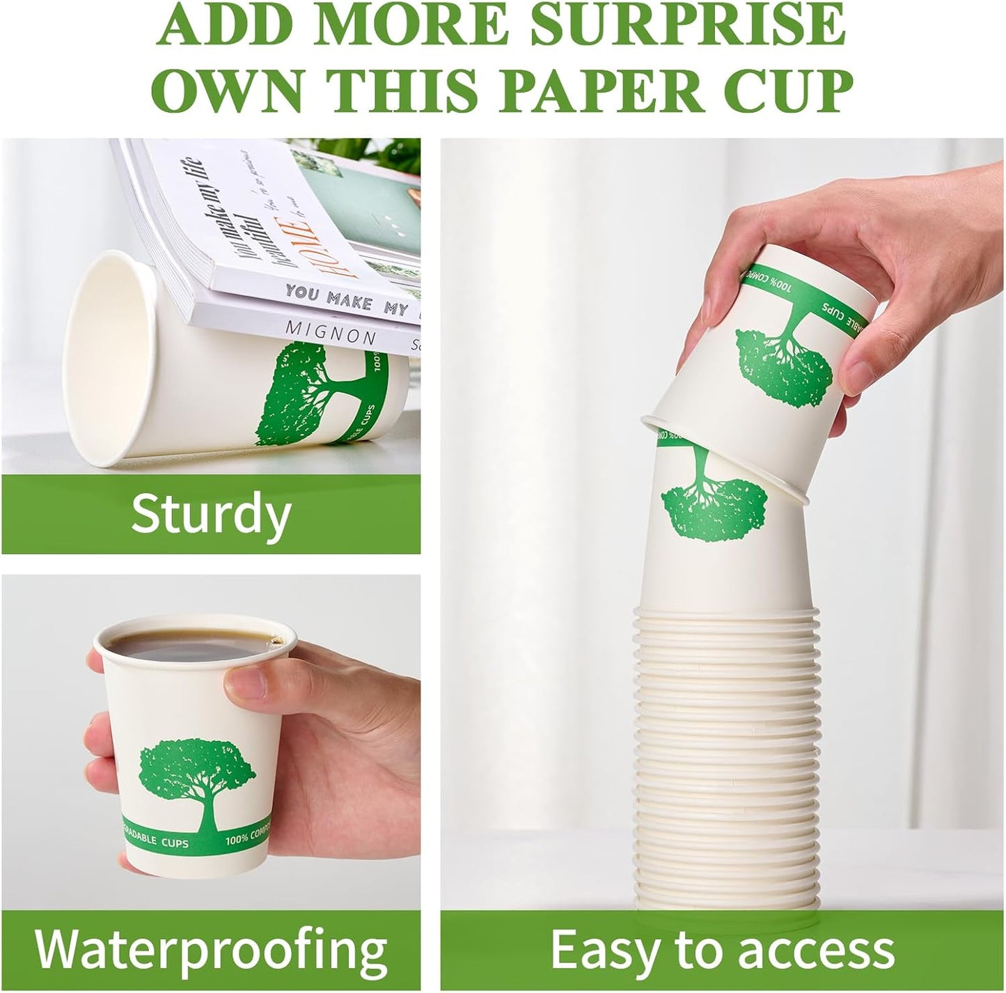 Vplus 400 Pack Compostable Paper Cups, 8 oz Paper Coffee Cups, Biodegradable Disposable Paper Cups, Eco-friendly Hot Drinking Cups for Party, Picnic,and Events