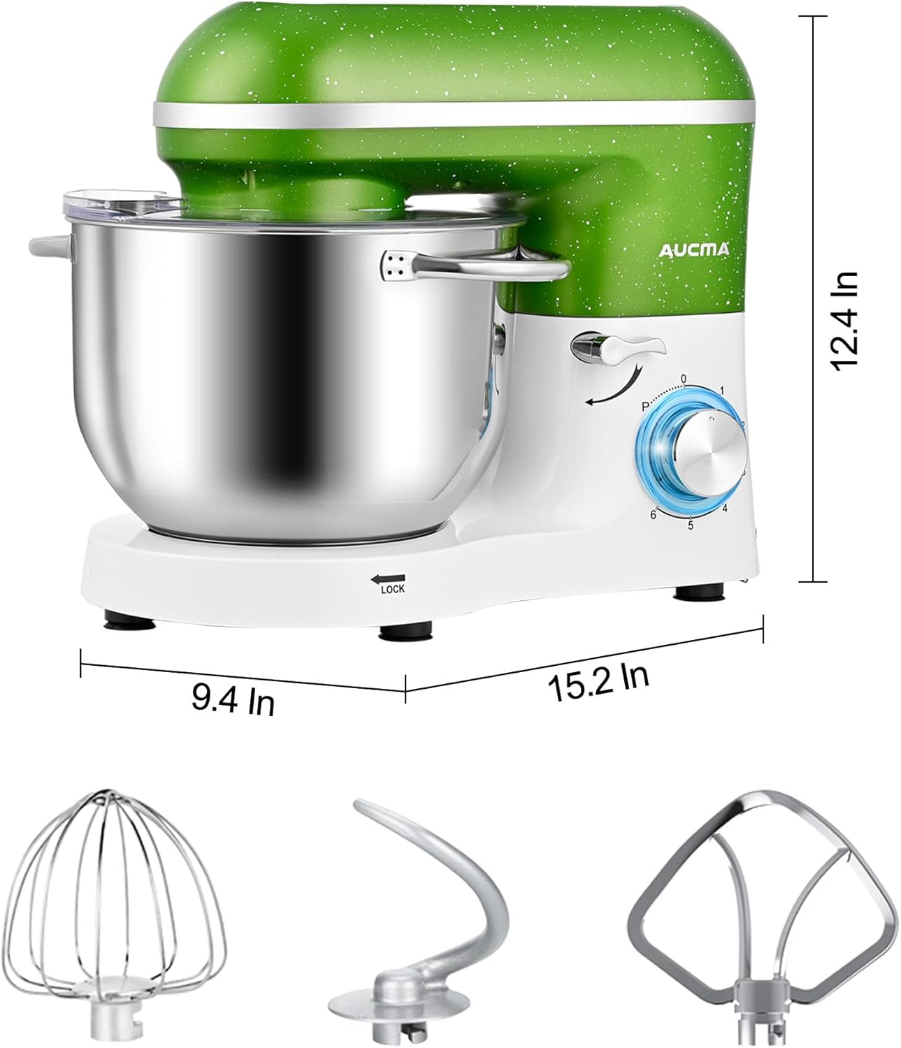 Aucma Stand Mixer,6.5QT 660W 6-Speed Tilt-Head Food Mixer, Kitchen Electric Mixer with Dough Hook, Wire Whip & Beater (Green-White, 6.5QT)