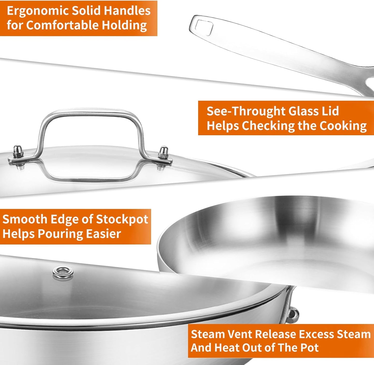 DELARLO Whole Body Tri-Ply Stainless Steel 12 Inch Frying Pan With Lid, kitchen large Skillet Suitable for All Stove Up to 600℉, 18/10 Cookware