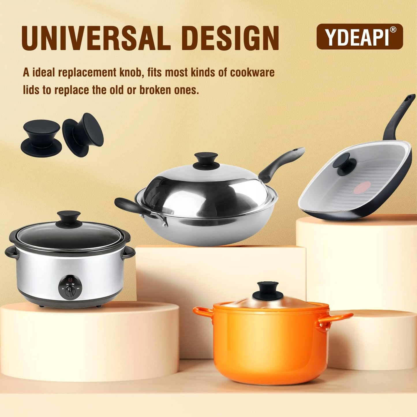 Universal Pot Lid Replacement Knobs, Ydeapi Silicone Pan Lid Holding Handles, Heat Resistant, Non-Slip Handle for Kitchen Cookware Lids and Covers (2 Packs)