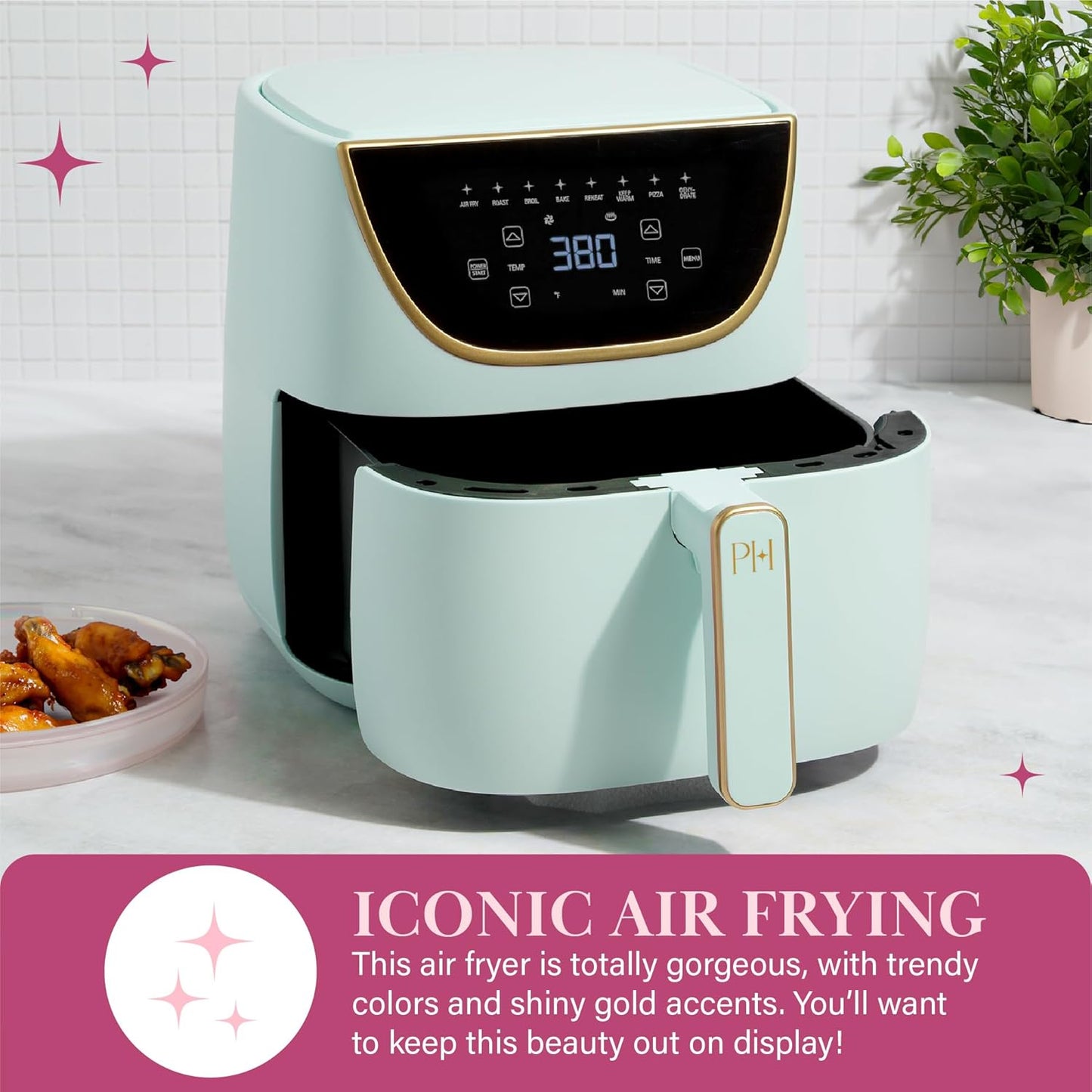 Paris Hilton Air Fryer, Large 6-Quart Capacity, Nonstick Made without PFAS, Touchscreen Display, 8-in-1 (Air Fry, Roast, Broil, Bake, Reheat, Keep Warm, Pizza, Dehydrate), Dishwasher Safe, Aqua