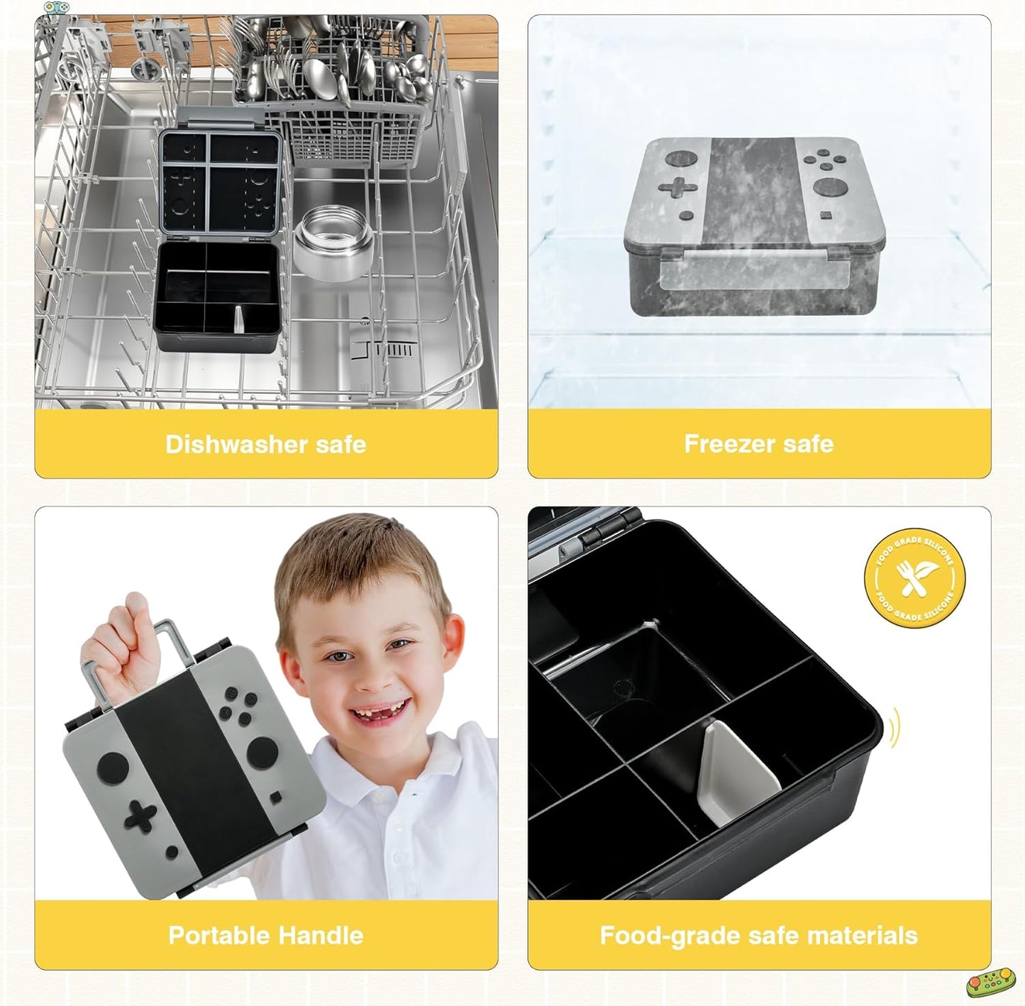 Game Bento Box for Kids, Lunch Box with Thermo(9oz Food Jar), Folding Spoon, Removable Divider & Sauce Cup, Lunch Box Kids for School,Travel, BPA-Free & Realistic Shape(Grey)