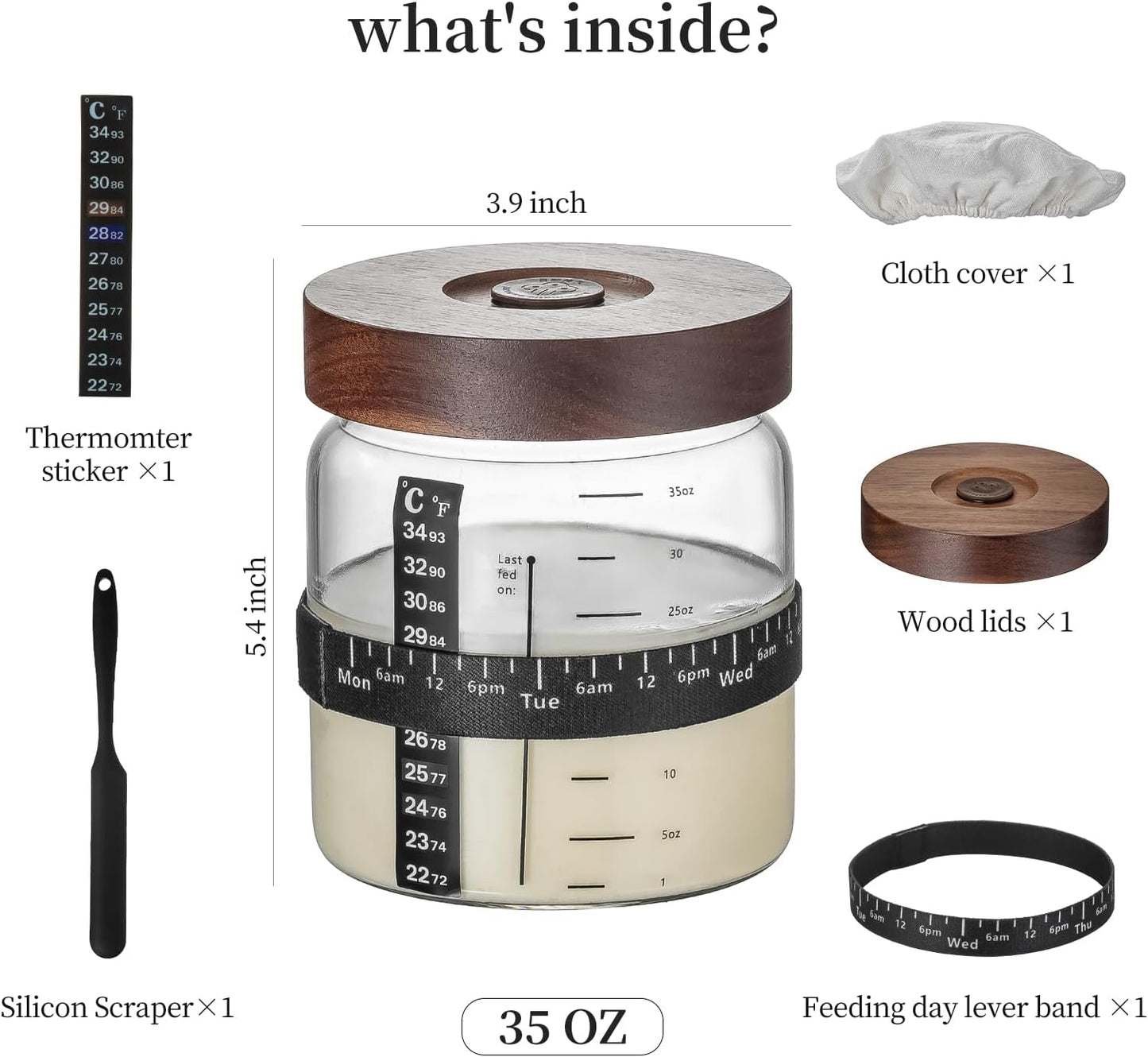 Wissy&Konny Sourdough Starter Jar，Wood Sealed Lid with Automatic Exhaust,35OZ with Ounce Scale Line,Date Marked Feeding Band, Thermometer, Sourdough Jar Scraper,Wide Mouth for Sourdough Bread Baking