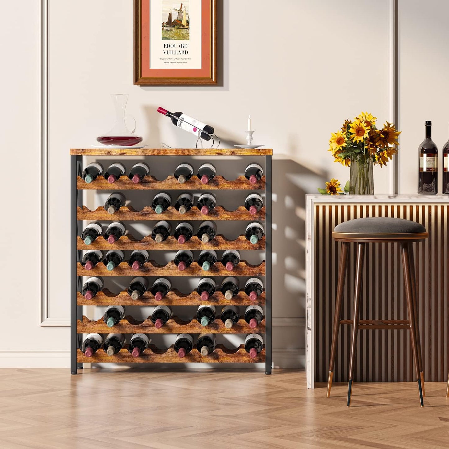 Homeiju 56-Bottle Wine Rack Freestanding Floor, Wooden Wine Storage Shelf, Stackable Wine Rack with Tabletop for Living Room,Kitchen or Wine Cellar