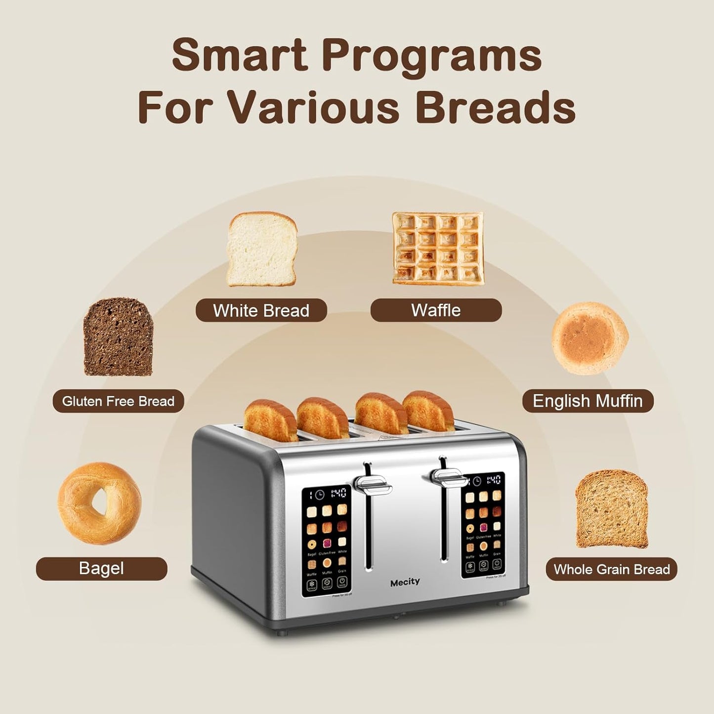 Mecity 4 Slice Toaster with Touch Screen Control, 4 Wide Slots, Stainless Steel Smart Bread Toaster for Bagels, Muffins, Waffles, Dual Control Panel, Timer, Defrost, Reheat, 120V 1650W, Pearl Grey