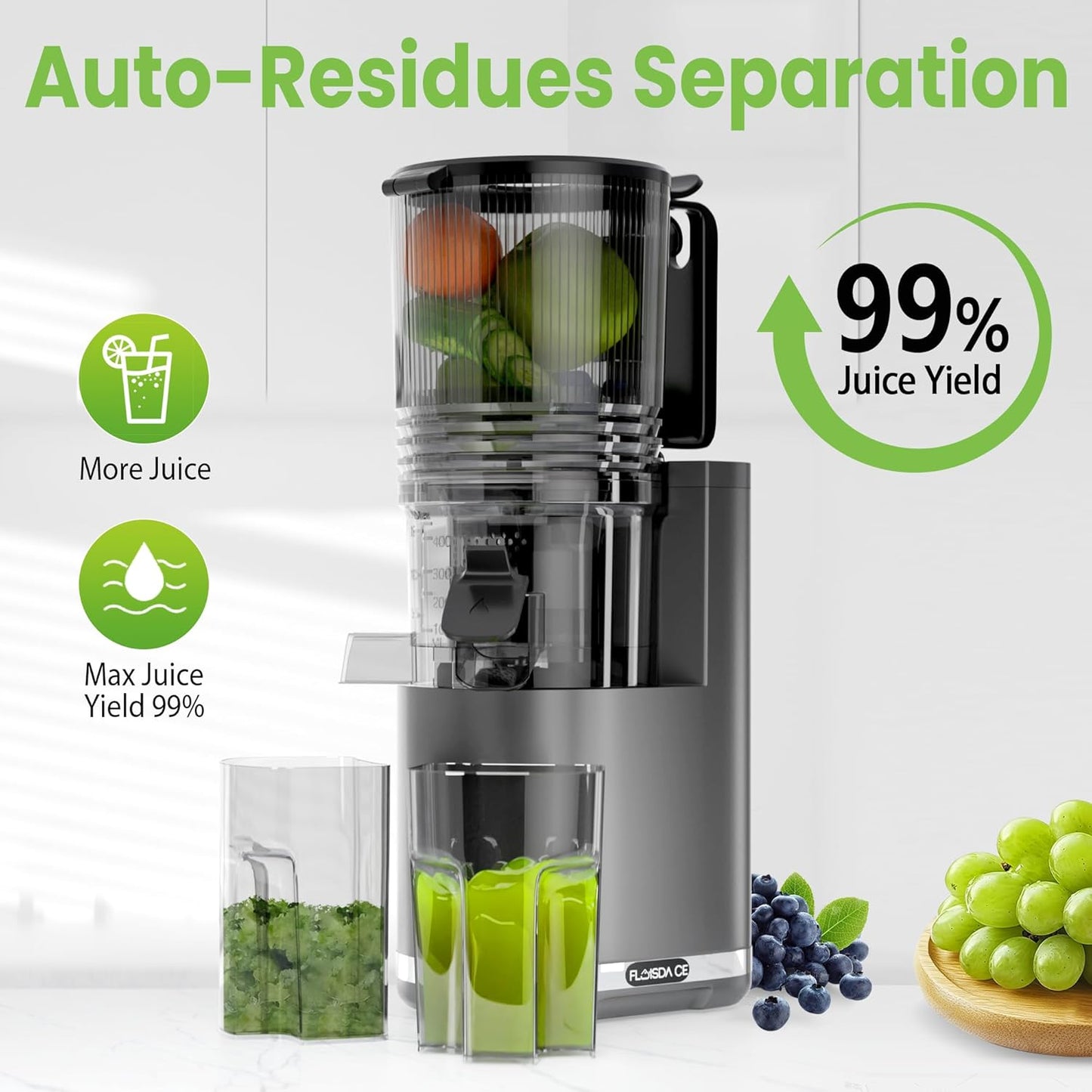Cold Press Juicer, 6.5" Extra Large Feed Chute Juicer Machines, 350W Slow Masticating Juicer Machines with High Juice Yield for Whole Vegetables & Fruits, BPA Free, Titanium Gray, Easy to Clean
