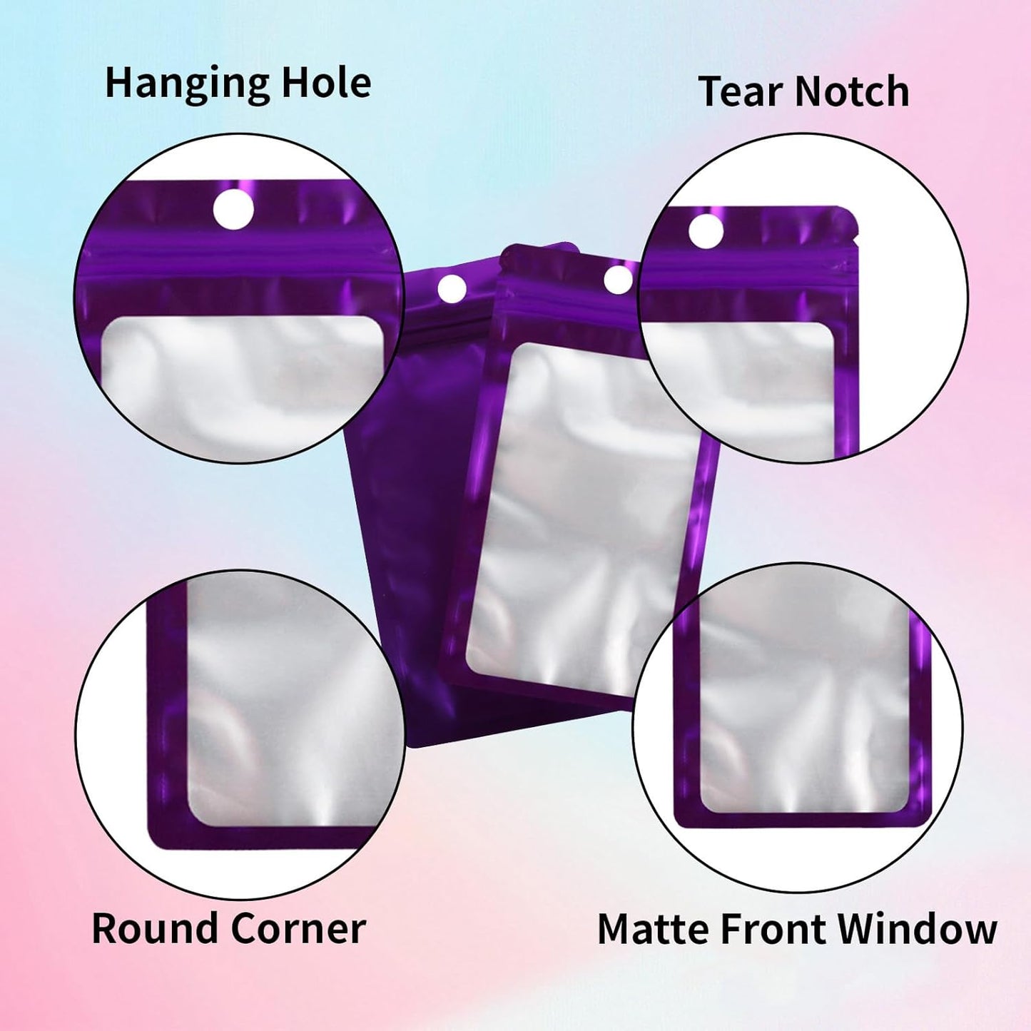 200 Pack Resealable Mylar Holographic Bags Food Storage Smell Proof Bags with Front Window Foil Packaging Pouch for Candy Sample Jewelry Small Business 4.72×7.87 Inch, Purple