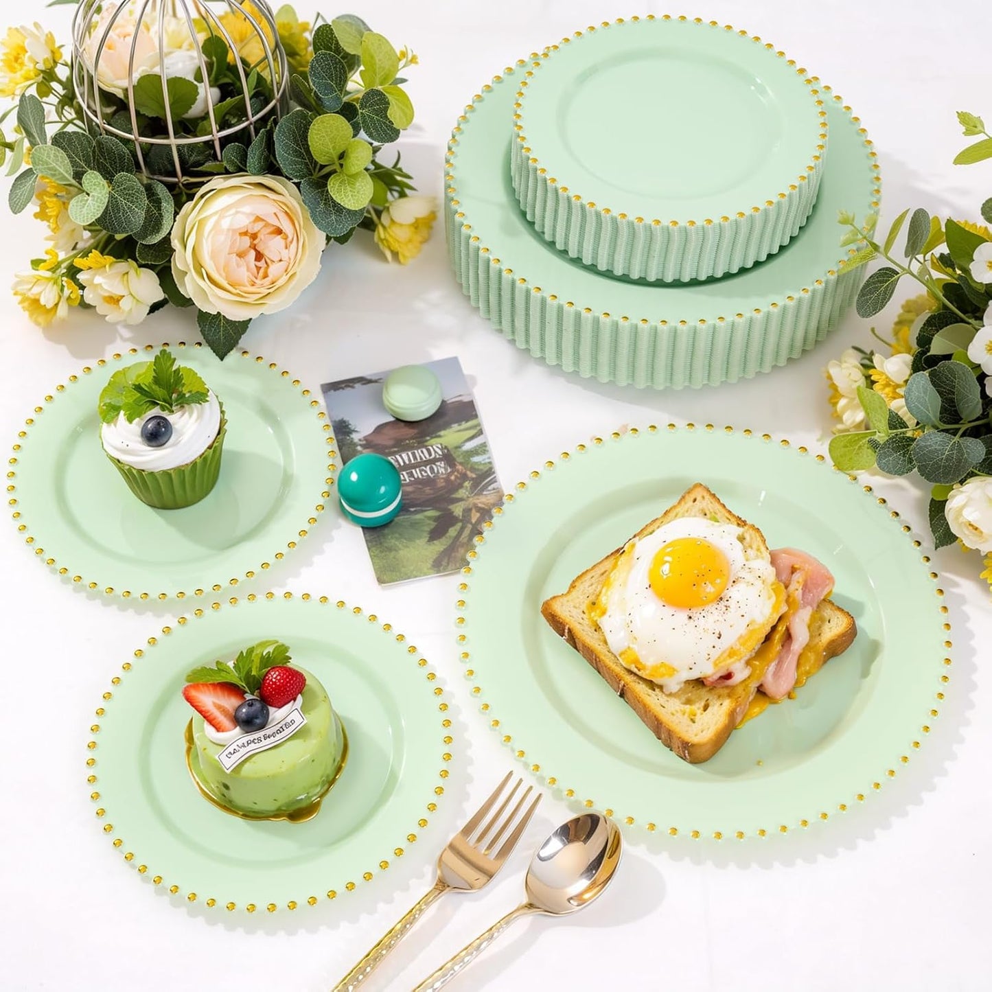 supernal 100pcs Green Disposable Plates - Green Heavy Duty Plastic Plates With Gold Beads - Include 10inch Dinner Plate and 7inch Plastic Dessert Plate - Disposable Serving Platters for Party,Wedding