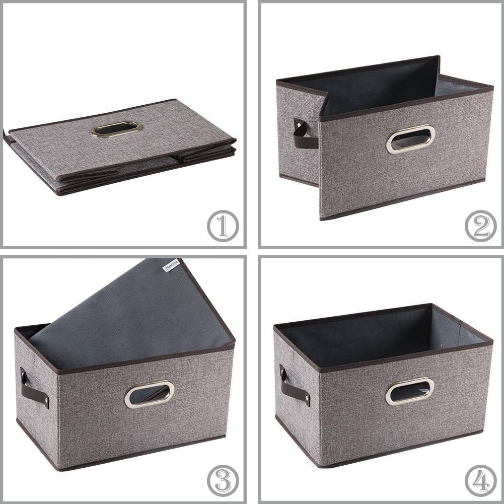 PRANDOM Large Foldable Storage Bins for Shelves [3-pack] Decorative Linen Fabric Storage Baskets Cubes with Leather/Metal Handles for Closet Nursery Office Grey and Black Trim (14.9x9.8x8.3 Inch)