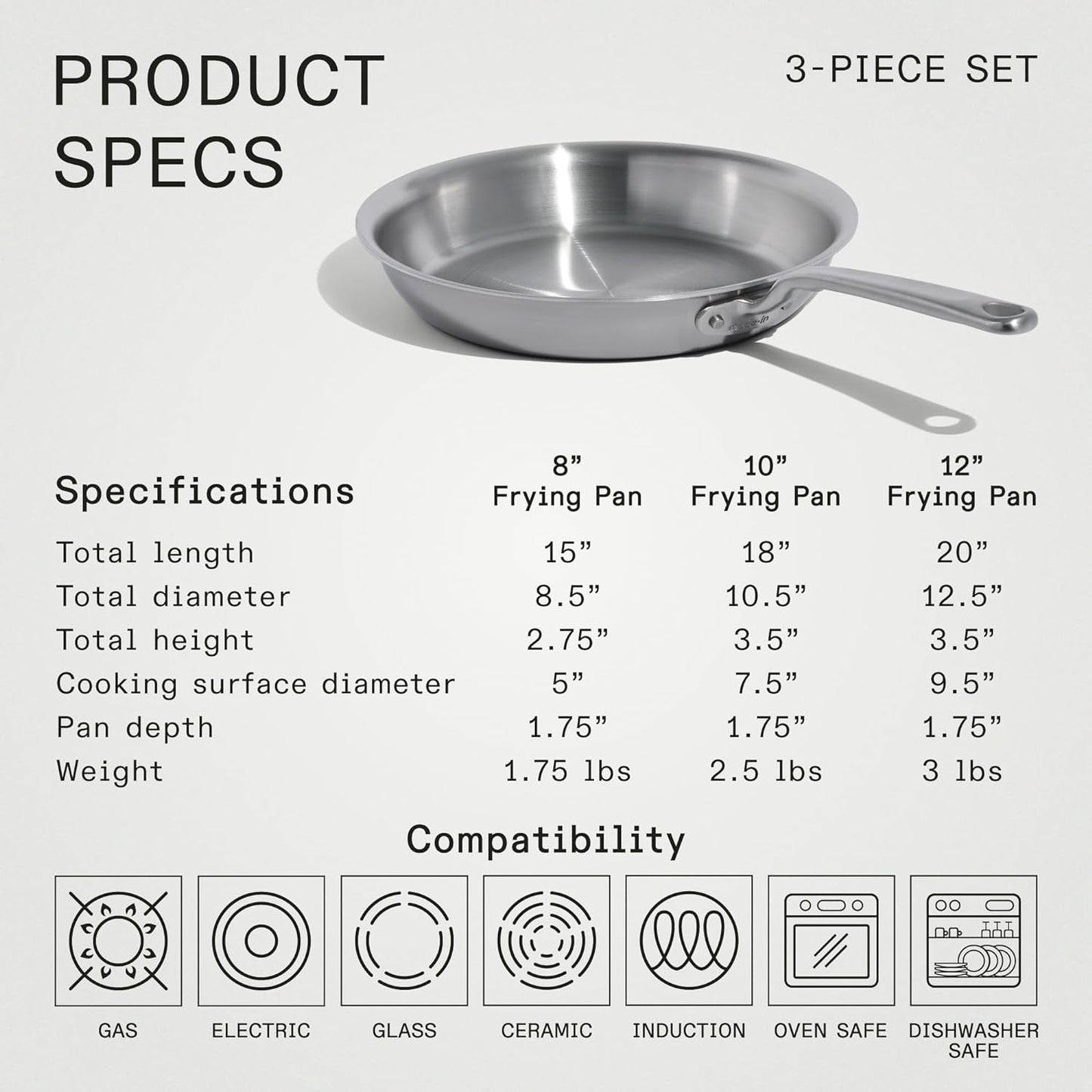 Made In Cookware - 3-Piece (Includes 8",10",12") Stainless Frying Pan Set - 5 Ply Stainless Clad - Professional Cookware - Crafted in USA - Induction Compatible
