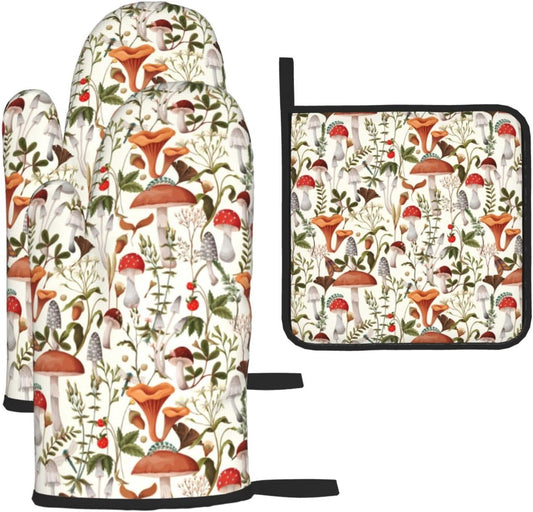 Boho Mushroom Decor Oven Mitts and Pot Holders Sets of 3 Hot Pads Cute Botanic Plant Beige Oven Gloves Heat Resistant Non Slip Washable for Kitchen Cooking Grilling Baking