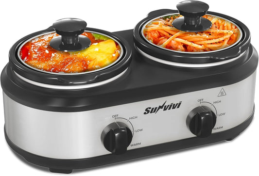 Sunvivi Dual Slow Cooker, Buffet Server and Food Warmer, Small Mini Pot with 3 Adjustable Temp & 2 Visible Glass Lids, for Parties, Holidays and Entertaining, Stainless Steel, 2 * 1.25 Quarts