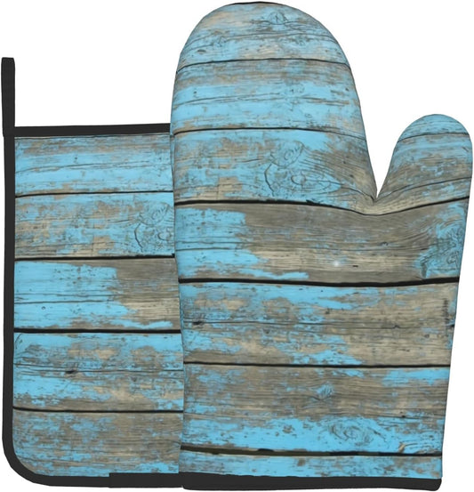 Blue Wood Oven Mitts and Pot Holder Set of 2 Rustic Board Heat Resistant Gloves Hot Potholders Kitchen Decor for Cooking Grilling Baking