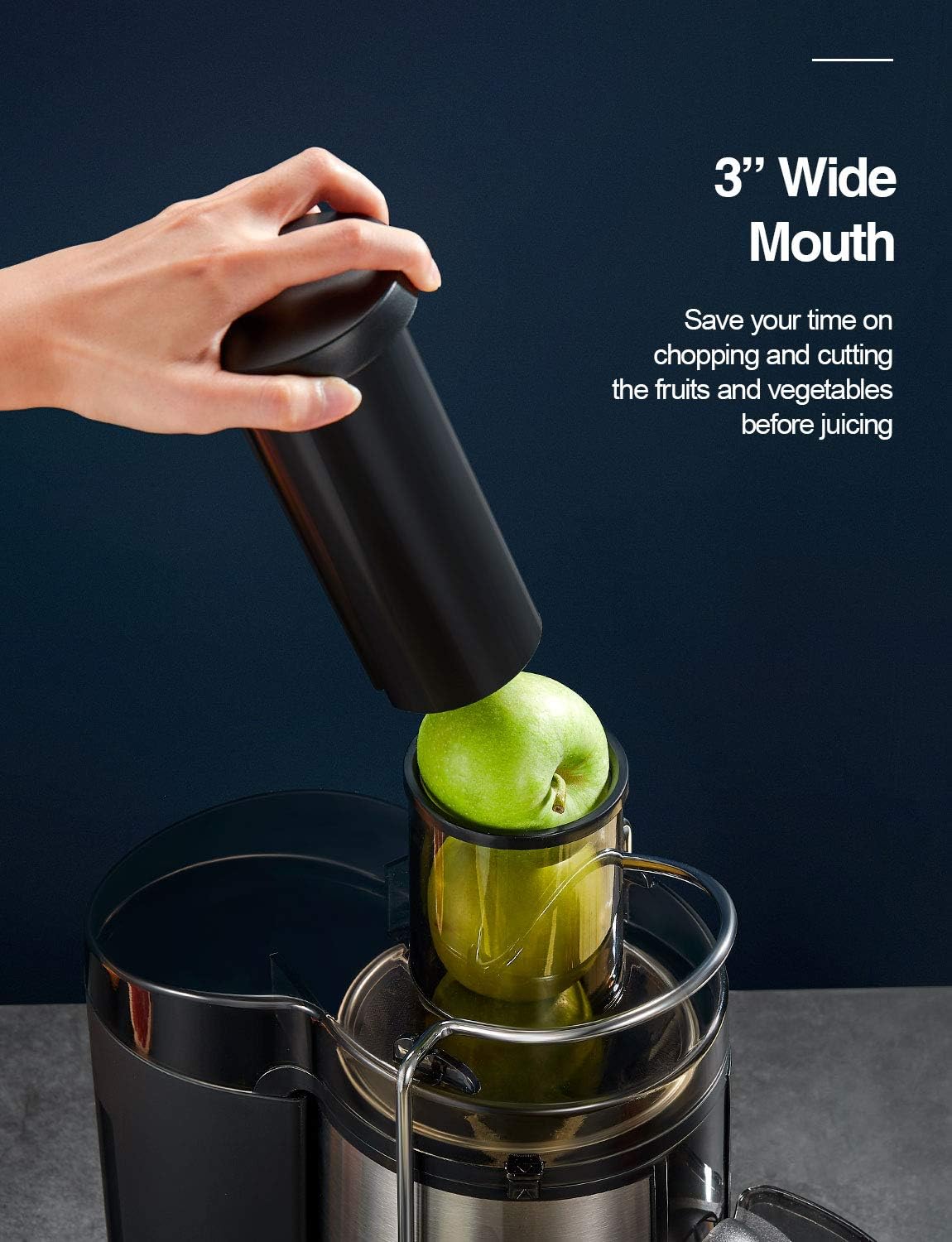 QCen Juicer Machine, 500W Centrifugal Juicer Extractor with Wide Mouth 3” Feed Chute for Fruit Vegetable, Easy to Clean, Stainless Steel, BPA-free (Black)