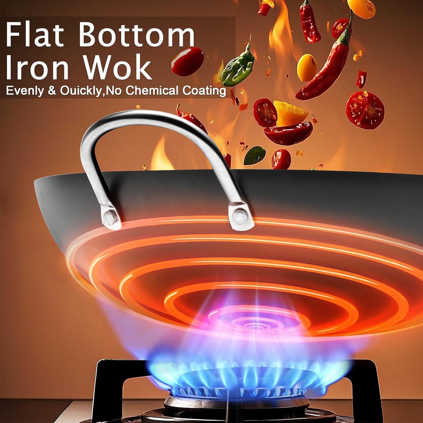 WANGYUANJI Iron Wok,14.2 inch Woks for Stir-fry, Chinese Stir Fry Pan Uncoated, Traditional Flat Bottom Iron Pot for Induction, Electric, Gas, Suitable for All Stoves(Pure Iron Wok)