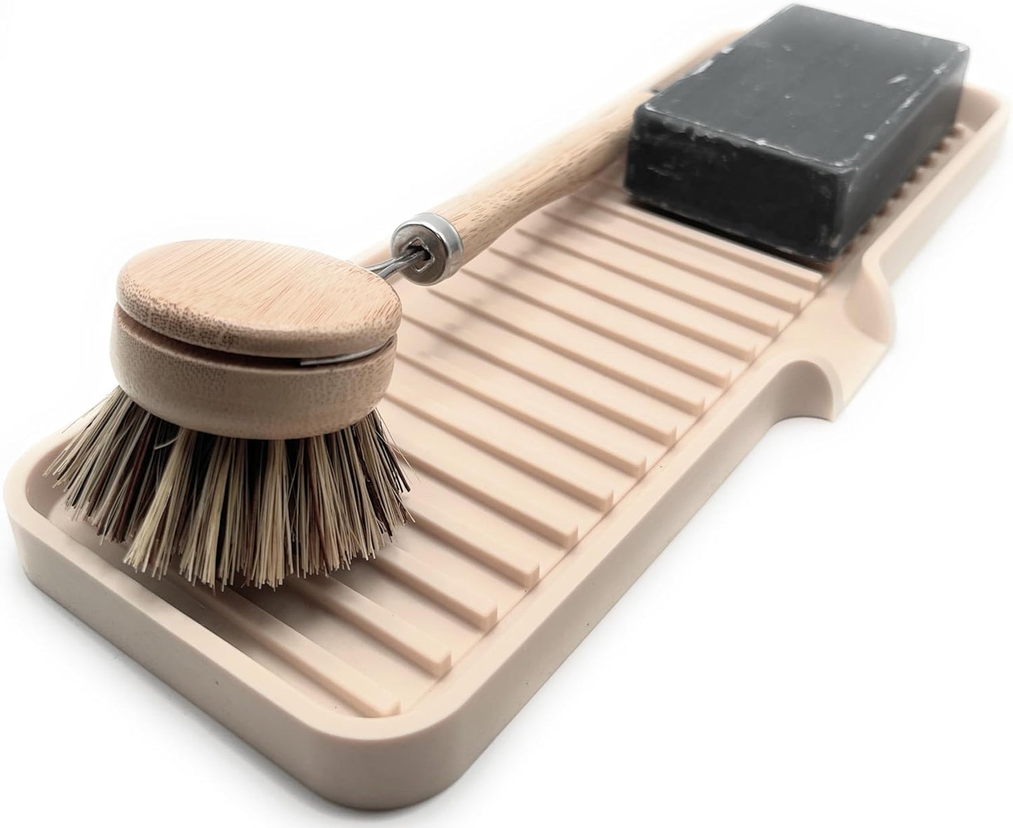 Happitasa Silicone Soap Dish Tray and Sponge Holder with Drain Chute | Bathroom and Kitchen Sink Organizer Caddy (Sand Dollar, 12"x4", 7.4 Ounces)