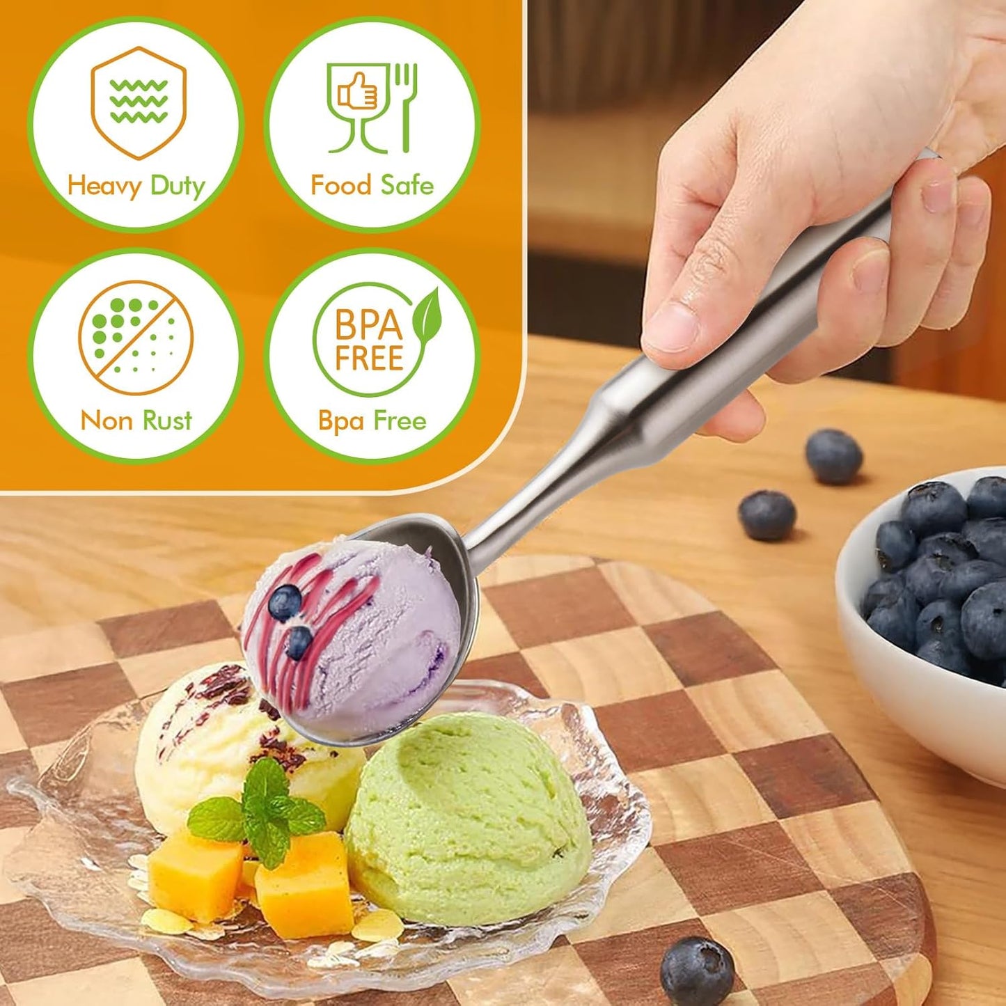 Ice Cream Scoop Stainless Steel. Ice Cream Scooper, Heavy Duty, Seamless Design, Comfortable Grip Long Handle, for Ice Cream, Gelato, Sorbet, Cookie Dough, Melon, Frozen Yogurt