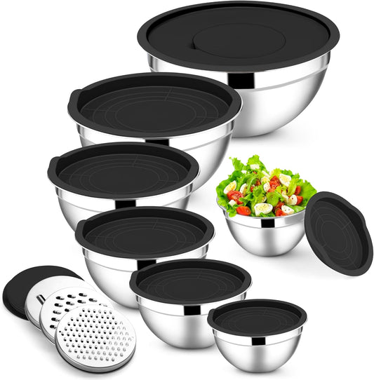 E-far Mixing Bowls with Lids Set, 7-Piece Stainless Steel Metal Mixing Bowls with 3 Grater Attachments, Size 4.6, 3.5, 2.6, 2, 1.5, 1, 0.7QT, Nesting Design & Black Airtight Lids, For Baking/Cooking