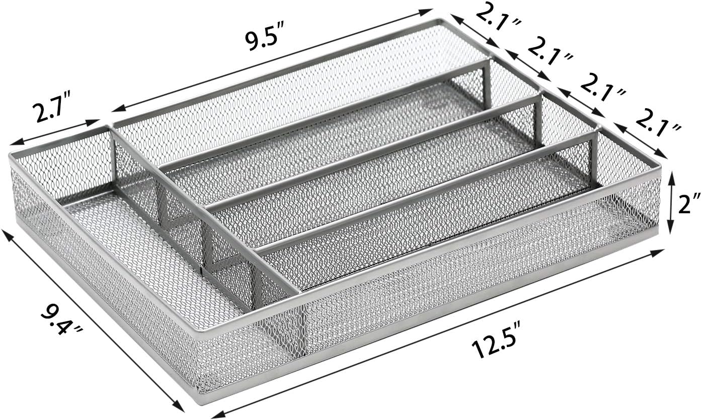 JANE EYRE Drawer Organizer, Cutlery Tray Silverware Flatware Storage Divider for Kitchen, Mesh Wire with Non-slip Foam Feet, 5 Component, Silver