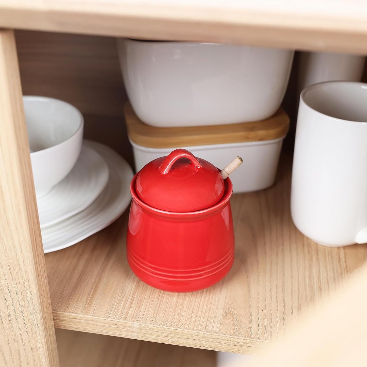 HAOTOP Ceramic Honey pot with Lid and Honey Dipper,Porcelain Honey Jar Easy to Clean and Dishwasher Safe,12oz (Red)